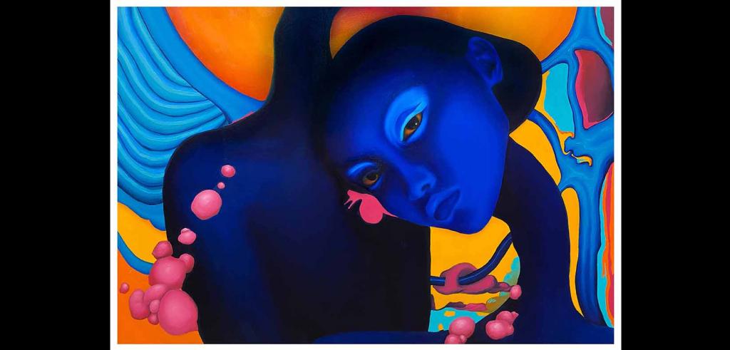 Painting with a dark blue face with a long skinny neck and a brightly colored abstract background with orange, blue, and pink.