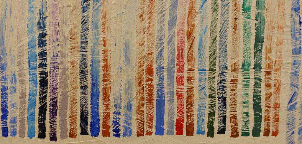 Faint vertical lines of blue, purple, gray, orange, red, green, black painted on a cream background.