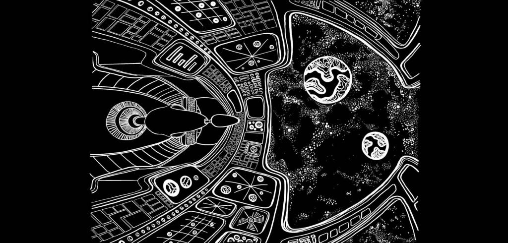 Black and white drawing of a complicated space ship with a singular chair overlooking two planets rotated clockwise.