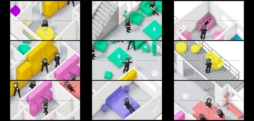 Nine rectangles display different animated interior settings. The floors are grey, the furniture is neon yellow, green, purple, and red. There are multiple animated avatars existing in the spaces. 