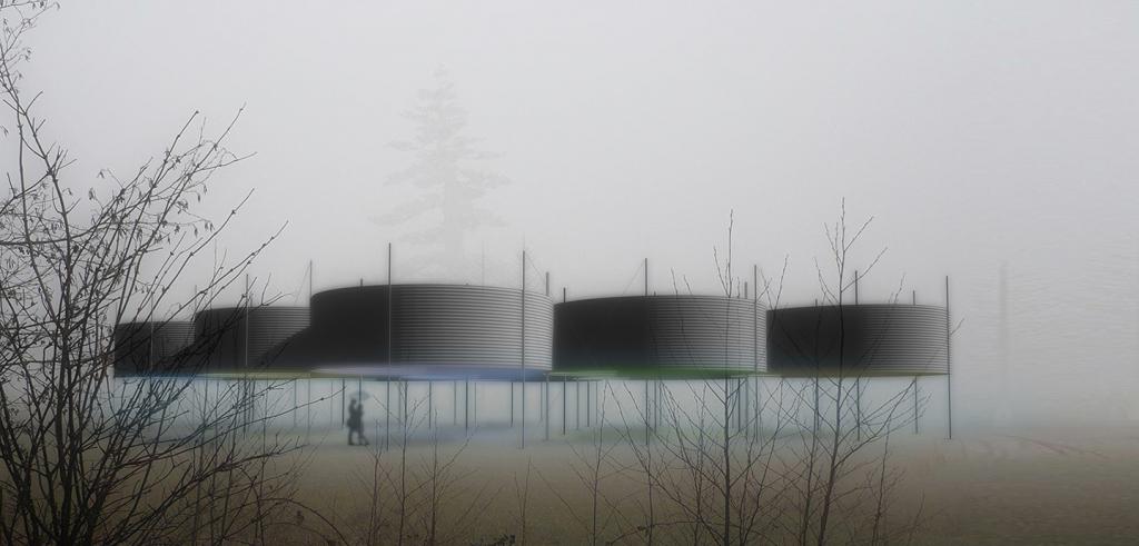 rendering of large cylindrical forms on stilts in a field with mist