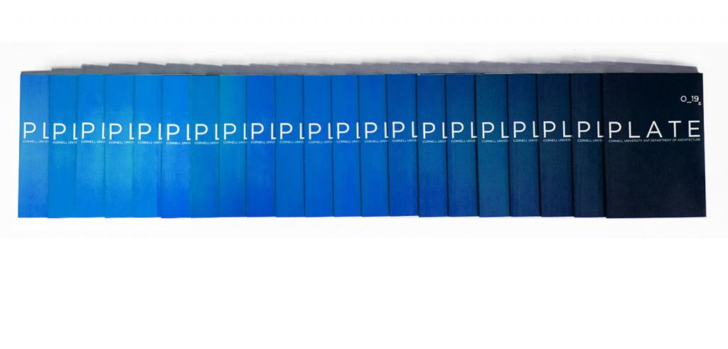 Horizontal spread of books in various shades of blue, in order from light to dark