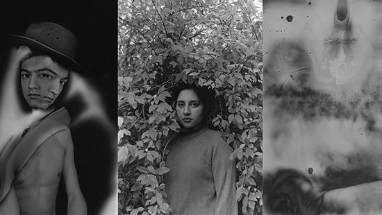 Black and white photographs of a two-faced man, a woman in foliage, and an abstract image.