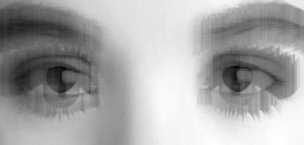 Black and white image of a person's eyes overlapped to create a blurring effect.