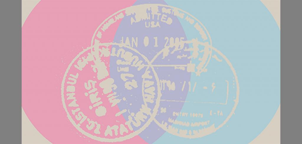 Three white passport stamps connected to form a pyramid against a light red and a light blue overlapping circles. 