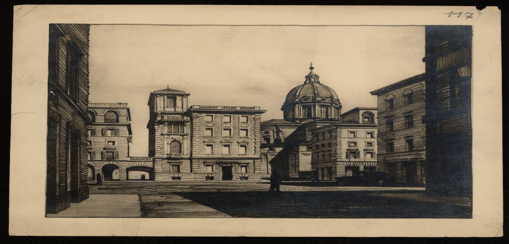 Art print rendering of Palazzetto Torlonia in Rome.