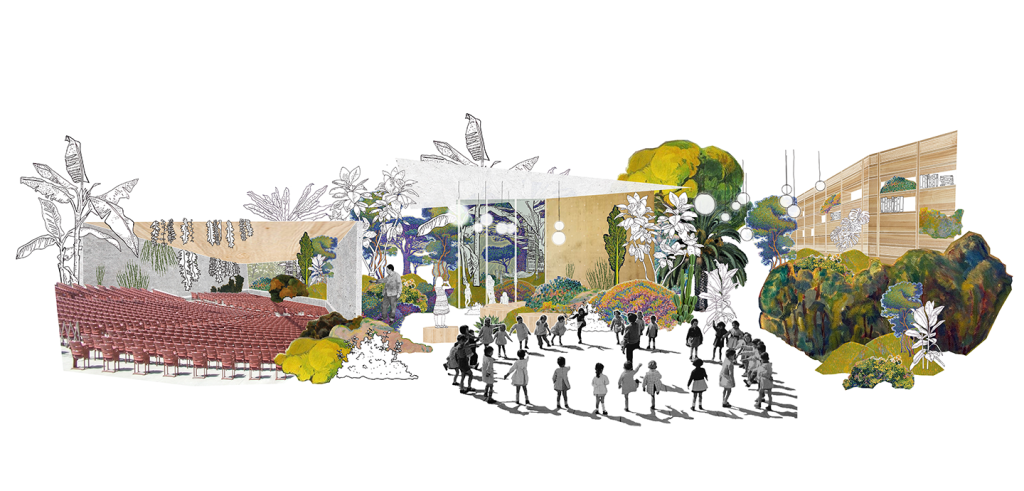 A rendering of a park with kids standing in a circle