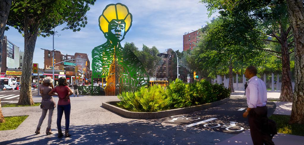 A green and gold steel monument of the silhouette of a woman in an urban park