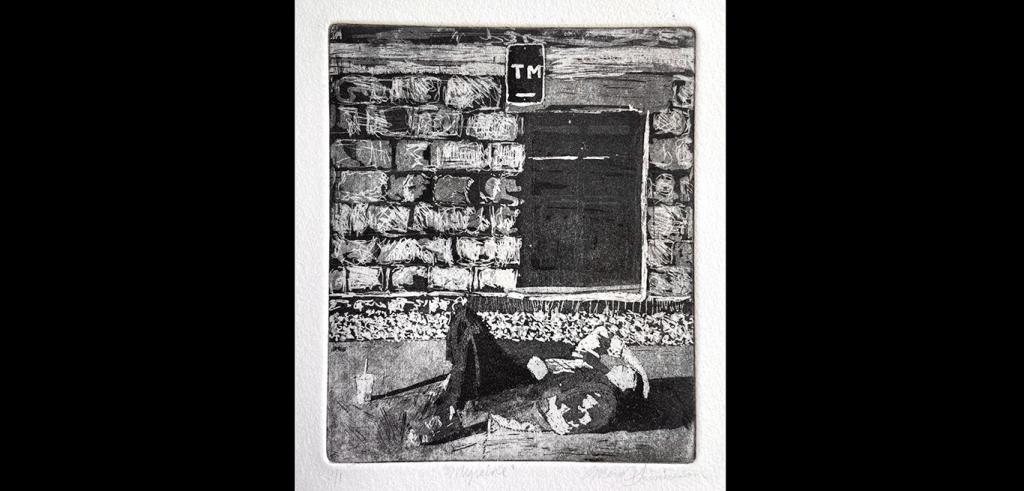 Black and white etching of a person laying down holding their head in front of a brick wall and window.