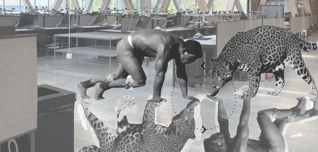 a man crouched on the ground, facing in the direction of a leopard crouched on the ground.  