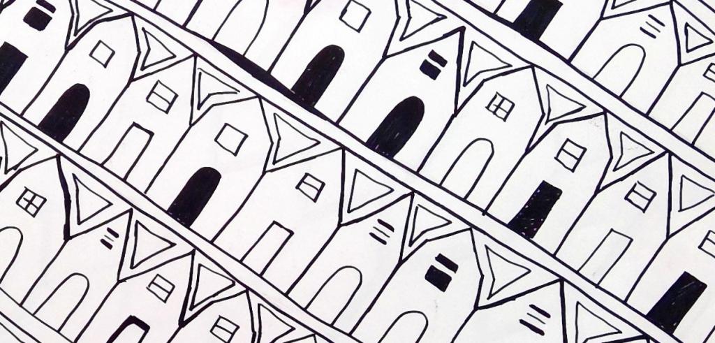 Black and white repetitive drawing of houses next to each other in a row angling downwards.