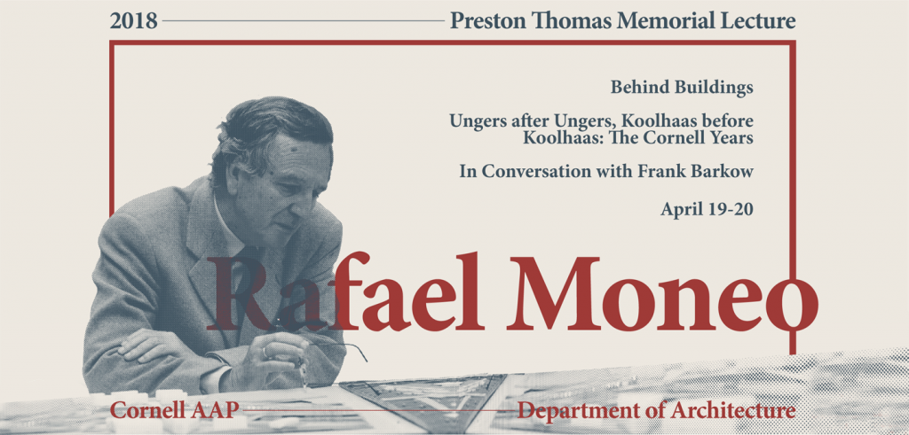 poster with a black and white photo of a man and a drafting table and the text Rafael Moneo