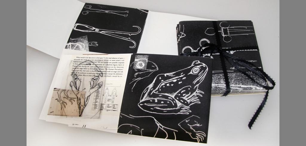 Text, ribbon, and depictions of frogs are part of two artist's books lying open on a table top