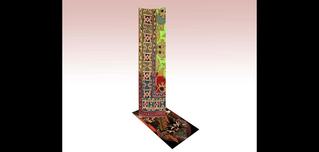 Faded cream background with two rectangular cut outs of Anatolian-style carpets against one another.