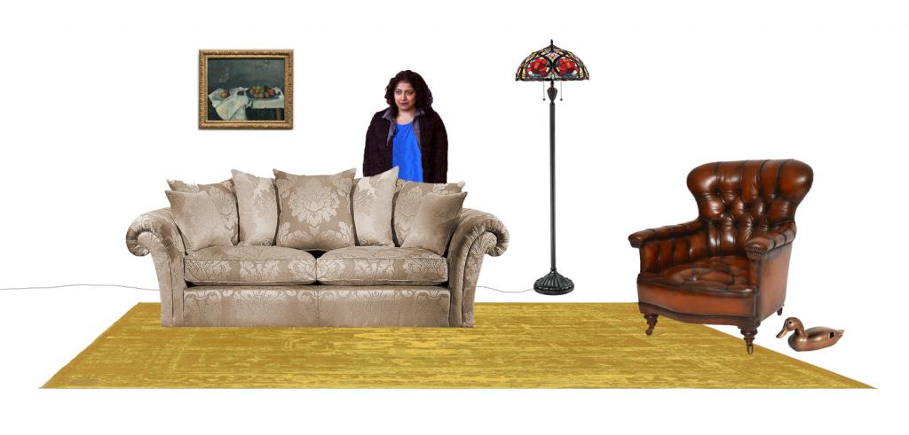 a photo collage of living room furniture with a woman standing behind a couch