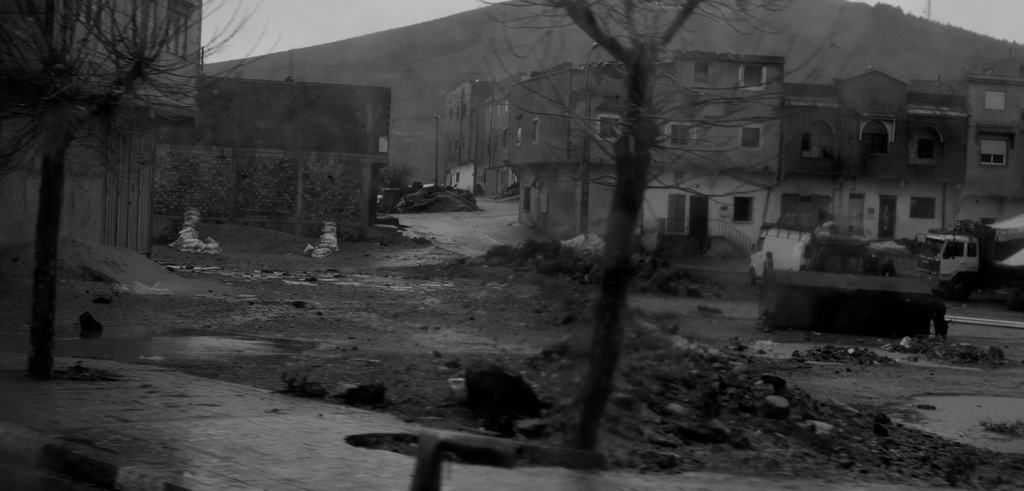 Black and grey photo of a brick-laid street with abandoned buildings and vehicles surrounded by rubble and barren trees.