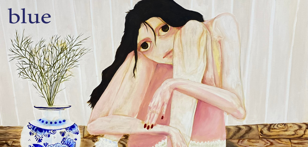 Painting of a human figure with no nose, crouching, sitting directly on a hardwood floor, with a white striped wall behind them and a blue and white china vase to their left. The figure has long black hair, black eyes, dark red nailpolish on their hands, and is wearing nothing but white frilly socks and white frilly undergarments.