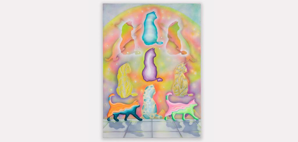 A painting of 9 brightly colored, rainbow cats stacked three in a row, set against a tile floor and bright, colorful background.