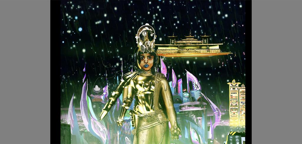 Cartoon of a woman in a gold suit of body armor with a gold crown in front of a starry dark sky and city of gold, blue, and purple.