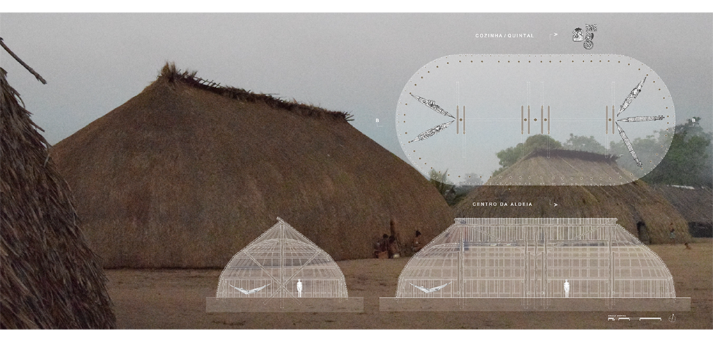 A man made structure consisting of natural found materials, overlayed with 3 digital renderings of how the structure is composed. 