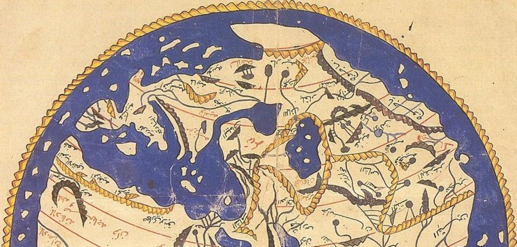 a cream colored background with a round blue and gold shape with landforms within.