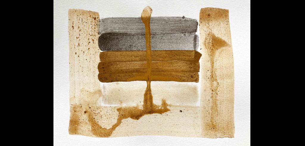 Abstract watercolor painting with light brown colored lines surrounding thicker horizontal lines of dark brown and grey.