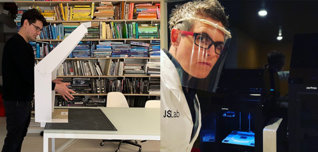 Left image: Man in front of a device in front of colorful book shelf.  Right image: woman wearing a Personal Protection Face Shield