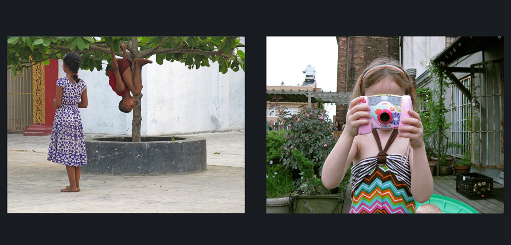 Two video stills formatted on a black background. The left still is a dark skinned child with a ponytail wearing a purple dress standing on concrete, with a similar looking child with a buzzcut behind them turning upside down while hanging from a tree. The still on the right is a light skinned child wearing a multicolor tank top with their face covered by a colorful child's camera. 