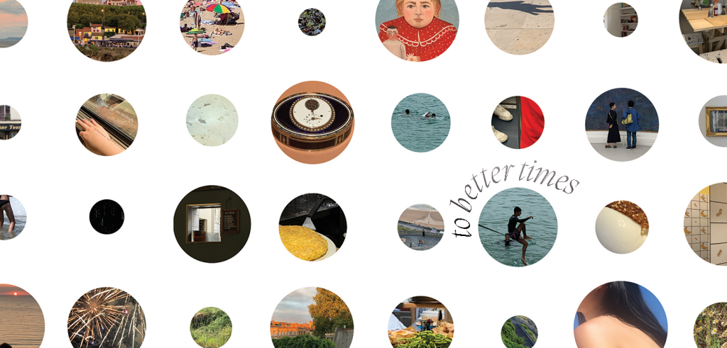 A grid of circles containing various photographs, drawings, and paintings on a white background with text in the bottom right corner that reads, 