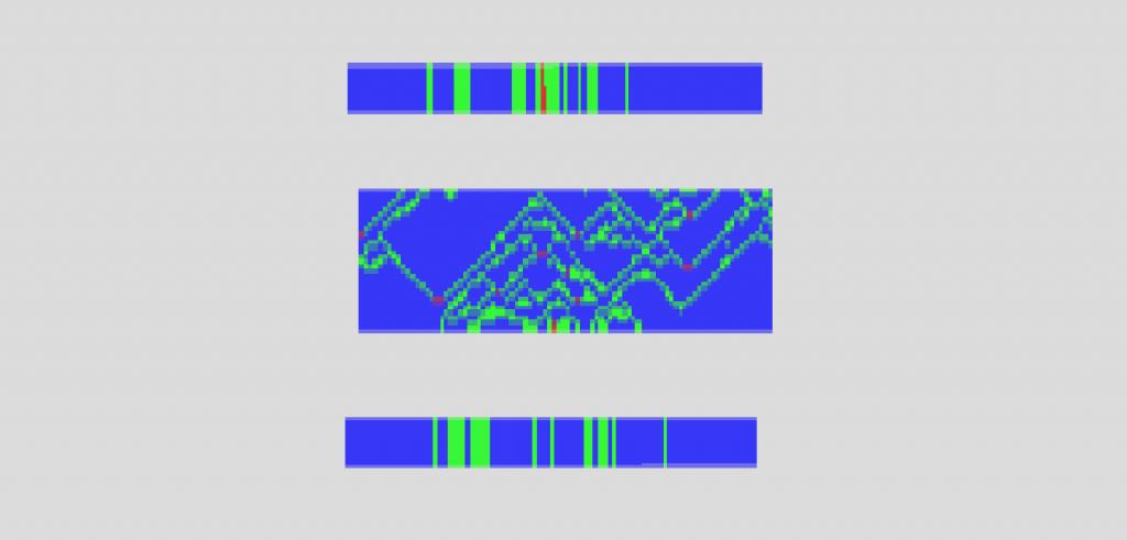 Three bright blue sections of a digital drawing with bright green designs and red dots in a blurred format.