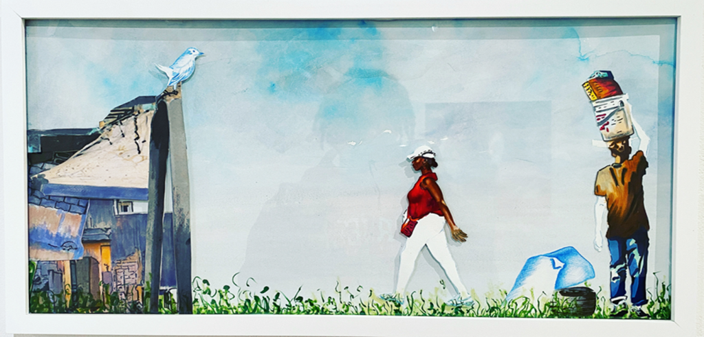 Watercolor collage in a white frame. A dark skinned person in the center walks left toward a crumbling house with a bluebird perched on top. On the right side, there is a person with light skin balancing buckets on their head with their back toward the viewer. 