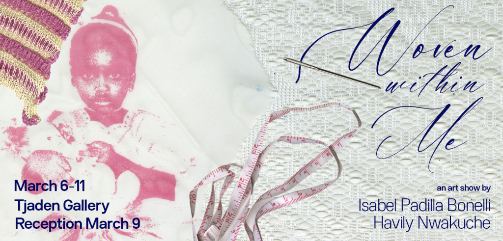 Collage of lace, knit material, tape measure, and a pink image imposed on fabric of a young dark skinned girl in a white frilly dress. The show title, date, and artist names are included in purple text. 