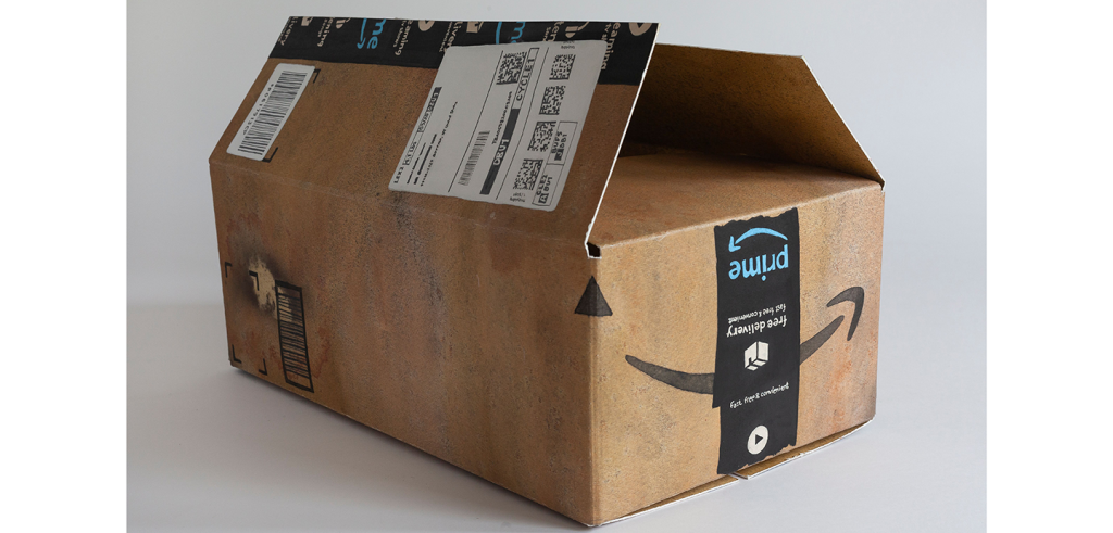 Handmade replica of a cardboard Amazon Prime box. 