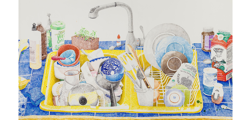 Realistic color drawing of a yellow double bay kitchen sink on blue tile countertops. The countertops are full of food containers and cleaning supplies, and there are dishes overflowing in the sink.