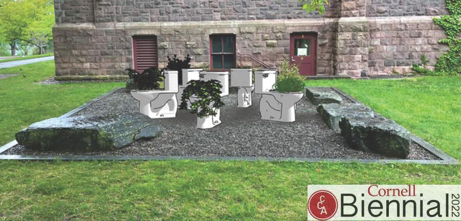 Toilets with plants growing out of the bowl illustrated on top of a photo of a lawn outside a brick building