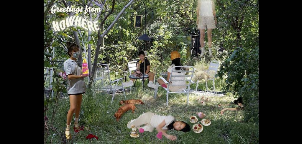 Outdoor collage of people standing, sitting in white chairs, laying on the ground, with food, dogs, and a cat included.