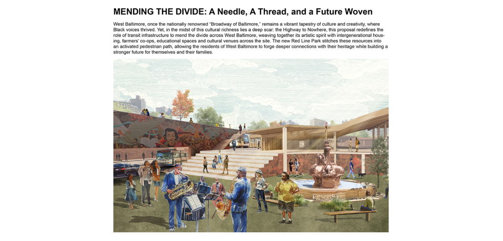 A drawing representing a park location with text about titled Mending the Divide.