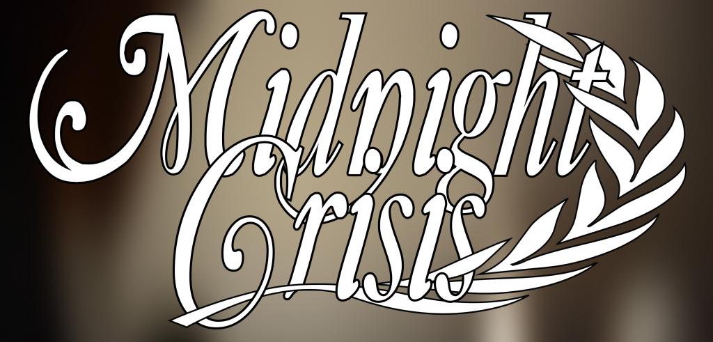 Dark blurred background with bright white text midnight crisis in front with a white leaf curving around it.