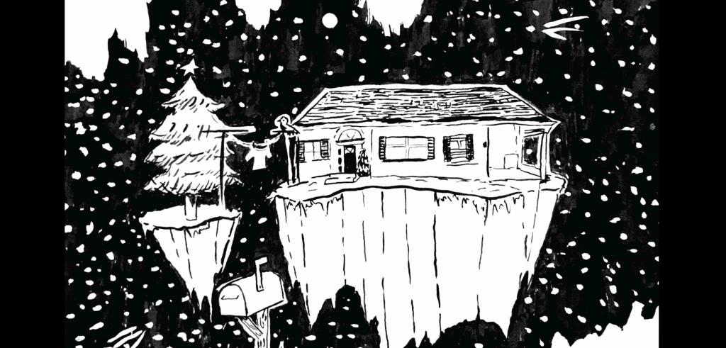 Black and white drawing of a house and tree and mailbox on pieces of land floating in space.