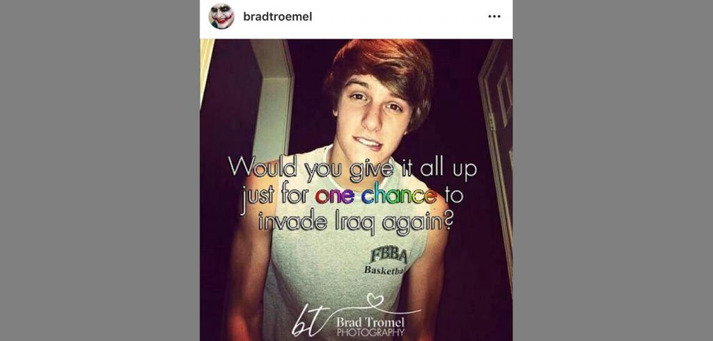 A young man staring ahead wearing a grey shirt with a caption covering part of the image and Brad Troemel's Instagram handle above it.