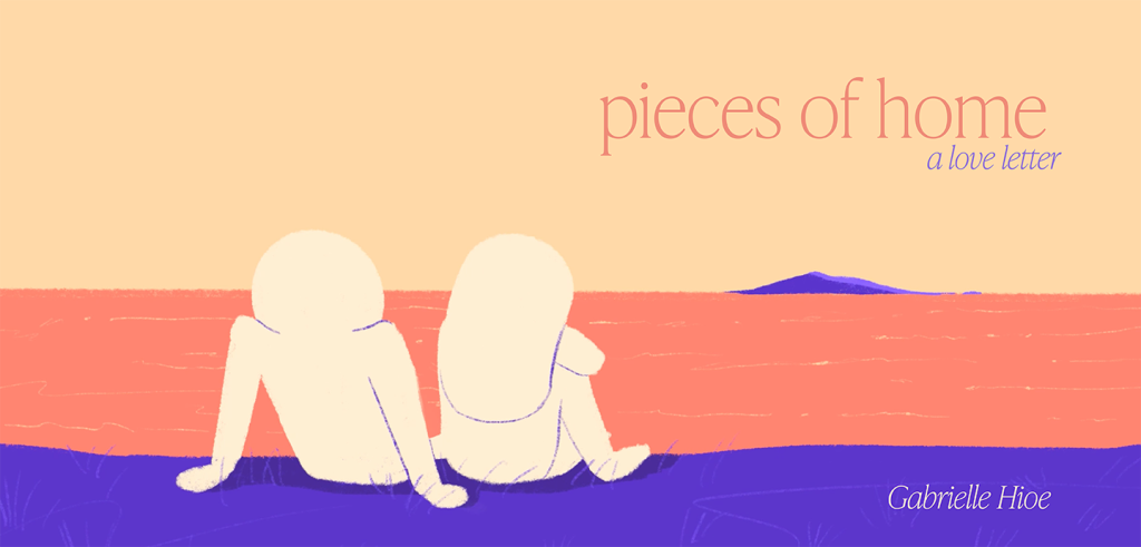 Two illustrated human forms sit on a purple piece of land with their backs to the viewer. They look over a coral-colored body of water with a purple island in the distance. In the yellow sky reads 