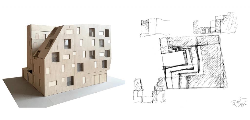 Architectural model adjacent to a drawing of the structures inerior 