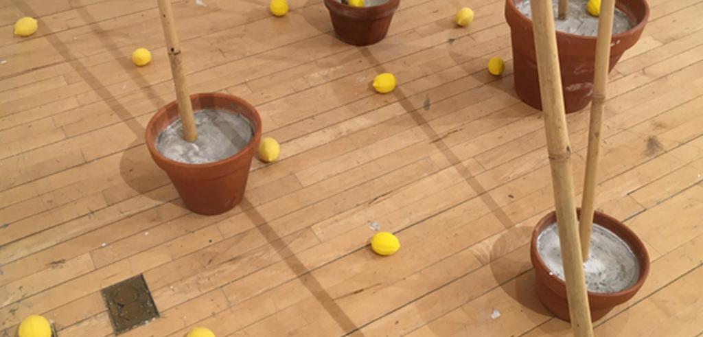 Image of yellow lemon shaped objects on a wooden floor with cement potted bamboo sticks in them.