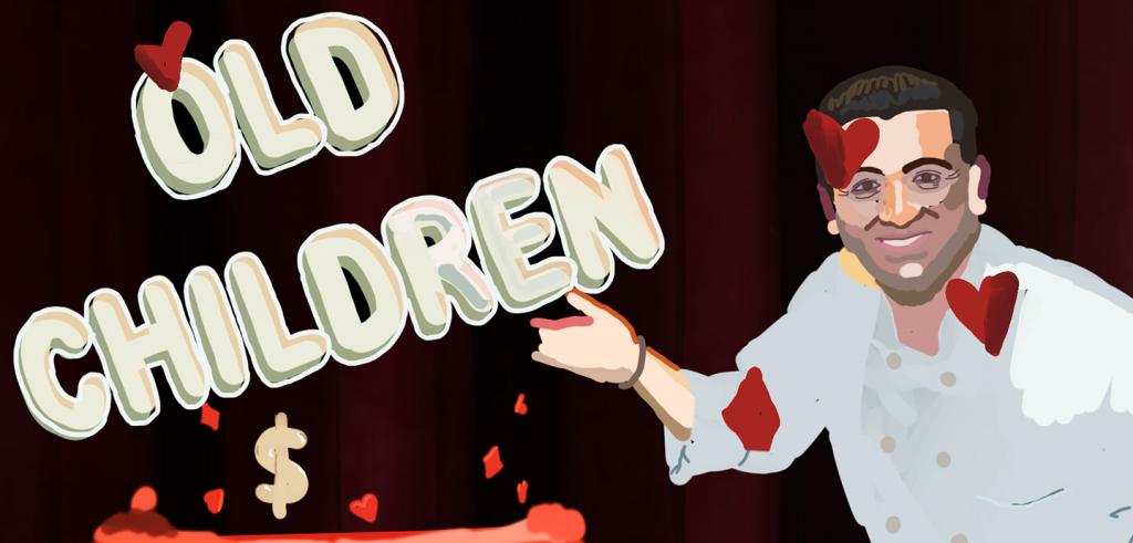 Painting of a man in a white chef's coat presenting the words 'Old Children $', set against a dark red background.