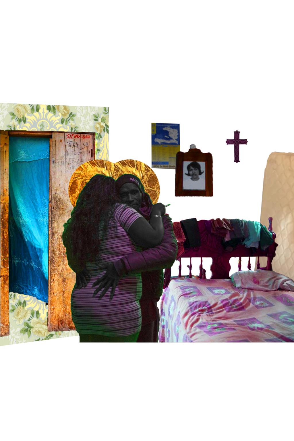 A black couple embrace in a room