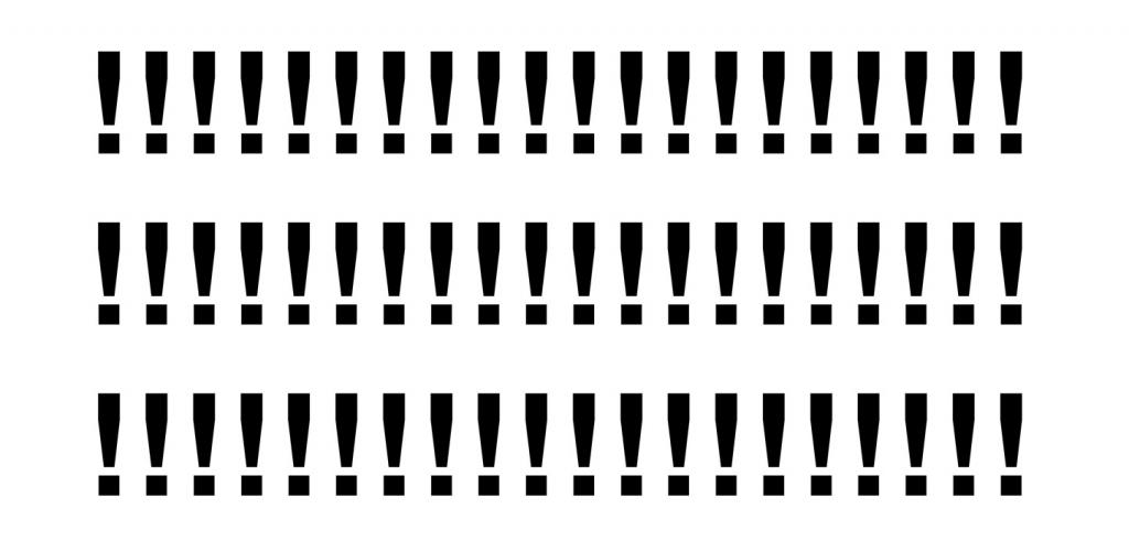 Three equal rows of 20 black exclamation points on a white background.
