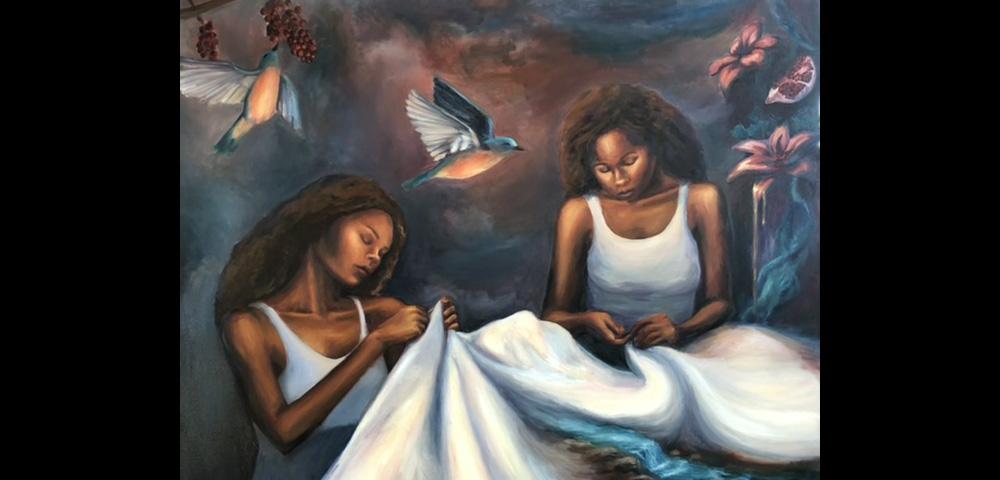Painting of two people with dark brown curly hair sewing a white cloth with birds flying in the background and some dripping flowers.