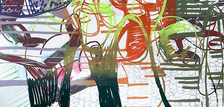 Abstract designs in green, orange, blue, purple, brown.