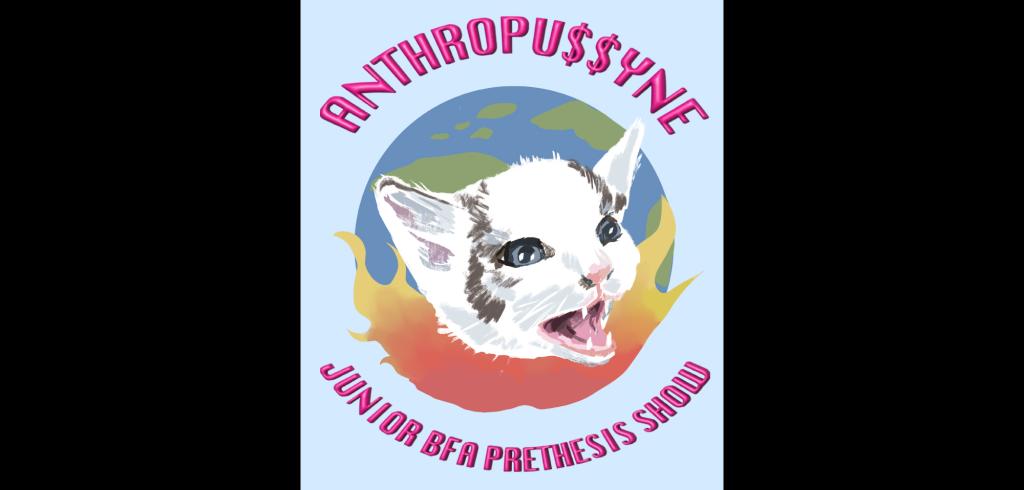 Poster of a drawn kitten head against a flaming drawn earth against a light blue background with the show title around it.