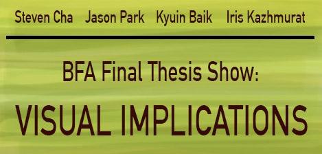 Blended striped yellow and green color background, text announcing BFA final thesis show.